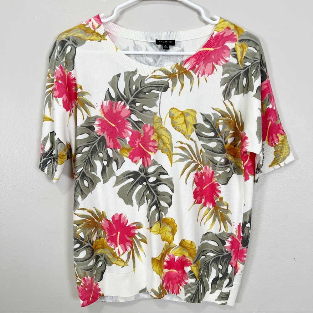 Talbots Women's Cream Refined Floral Dolman Short Sleeve Sweater Sz MP